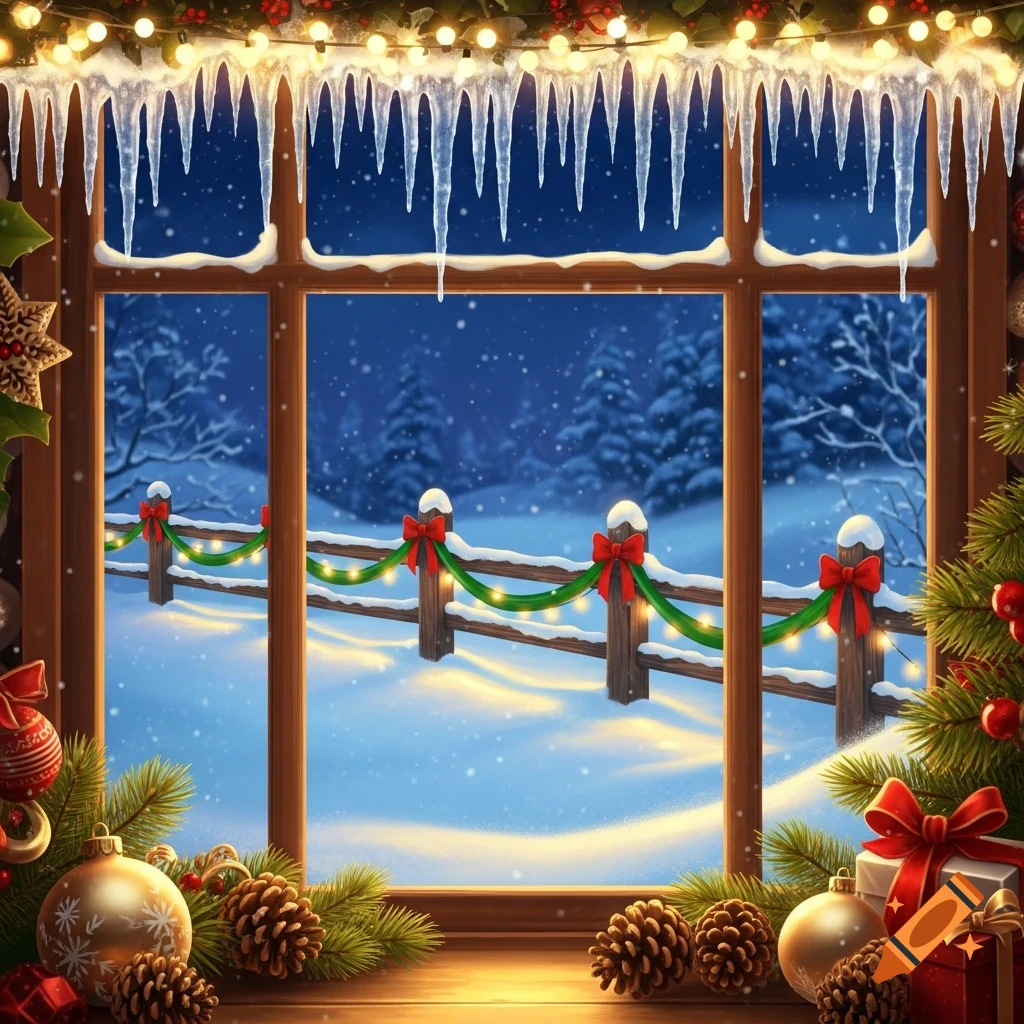 A festive Christmas window scene looking out onto a snowy winter landscape with a wooden fence decorated with bows and lights, framed by icicles and holiday ornaments.