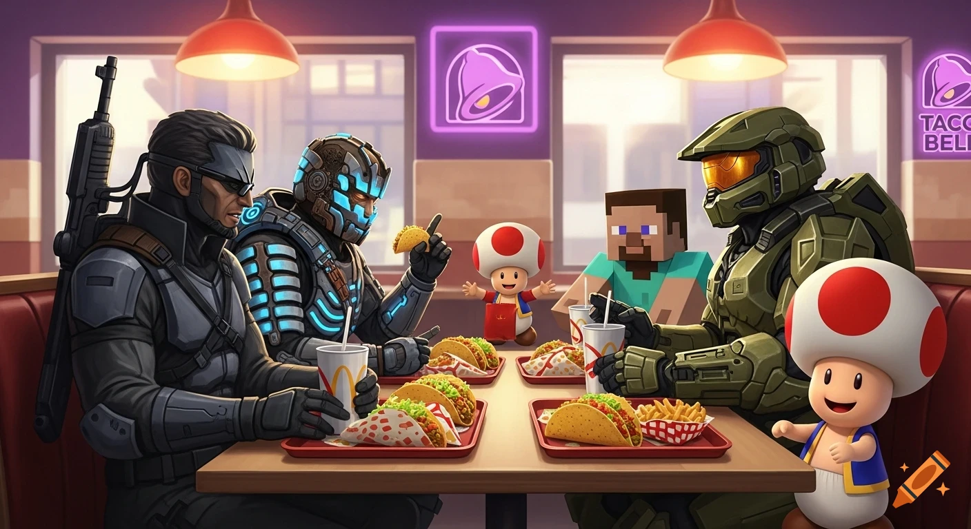 Solid Snake, Isaac Clarke, Steve from Minecraft, Master Chief, and Toad from Mario eating tacos at a Taco Bell booth.