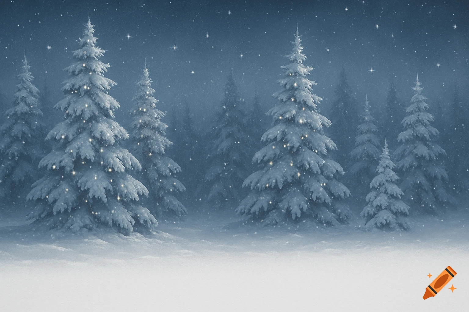 A serene snowy winter forest at night, with snow-covered evergreen trees illuminated by subtle sparkling lights and stars in the dark blue sky.