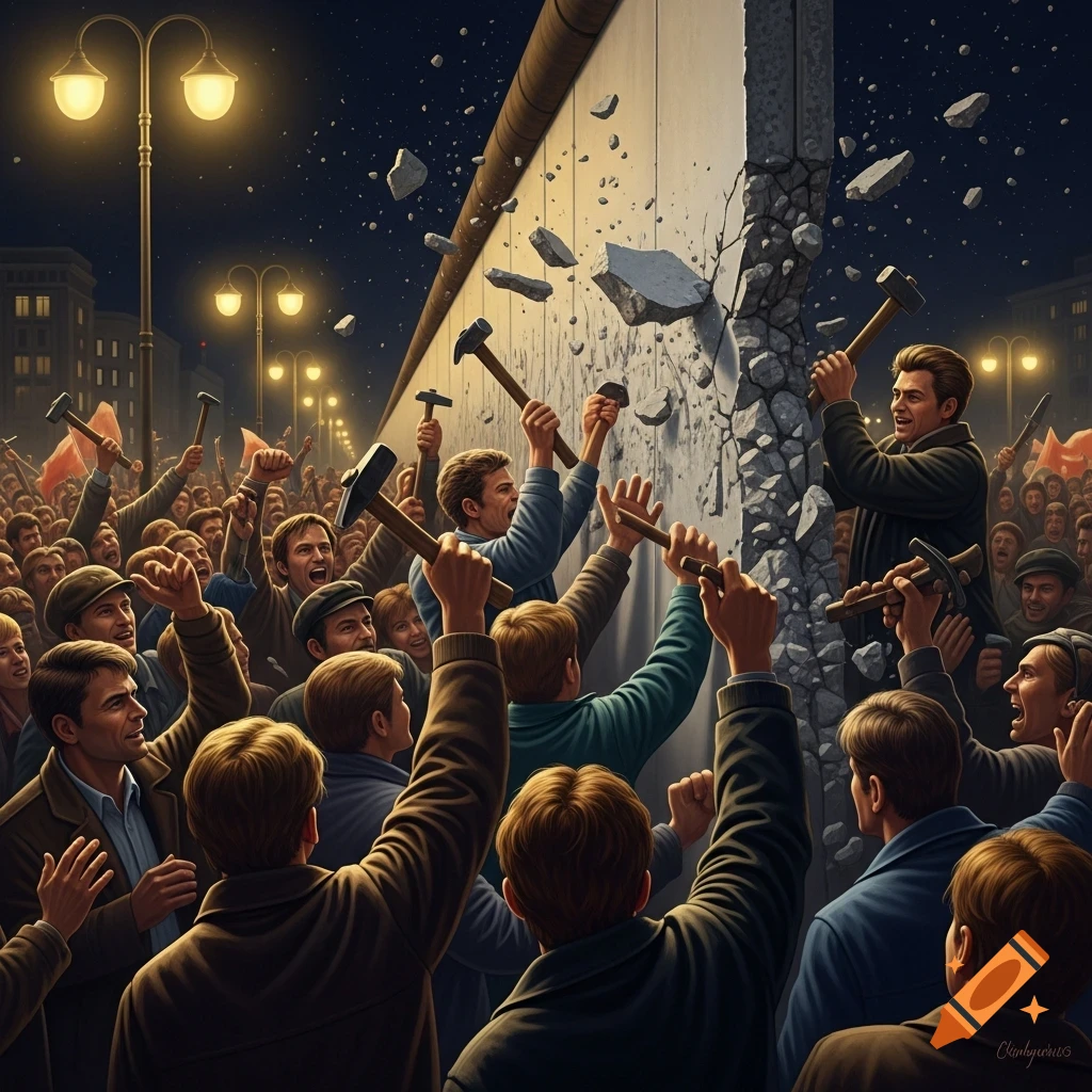 A large crowd of people enthusiastically breaks down a concrete wall with hammers at night under streetlights, realistic style.