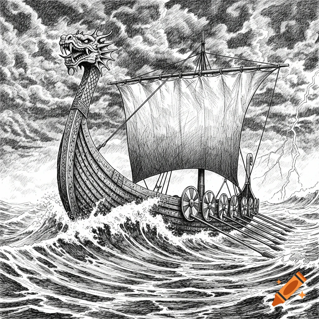 Detailed pen and ink drawing of a dragon-prowed Viking longship with oars on a stormy sea under dark clouds with lightning.