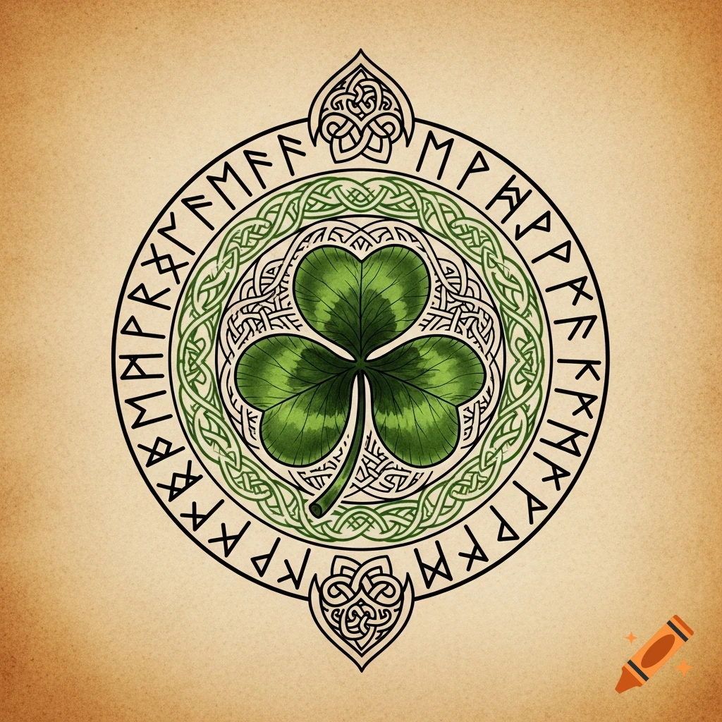 A circular tattoo design featuring a green three-leaf clover surrounded by intricate Celtic knots and Elder Futhark runes on a parchment background.