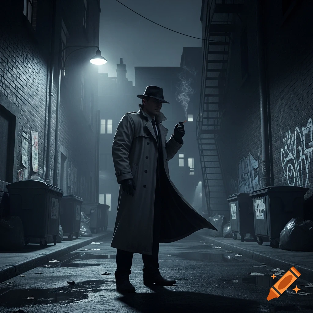 A man in a trench coat and fedora smokes a cigarette in a dark, misty city alley under a streetlamp, evoking a film noir style.