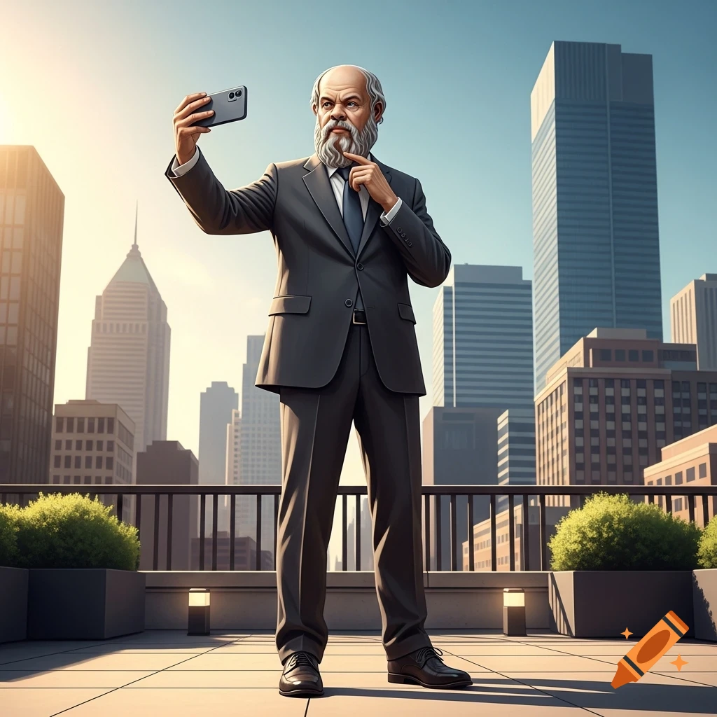 A bald man with a white beard and a suit takes a selfie on a rooftop, with a sunny modern cityscape in the background.