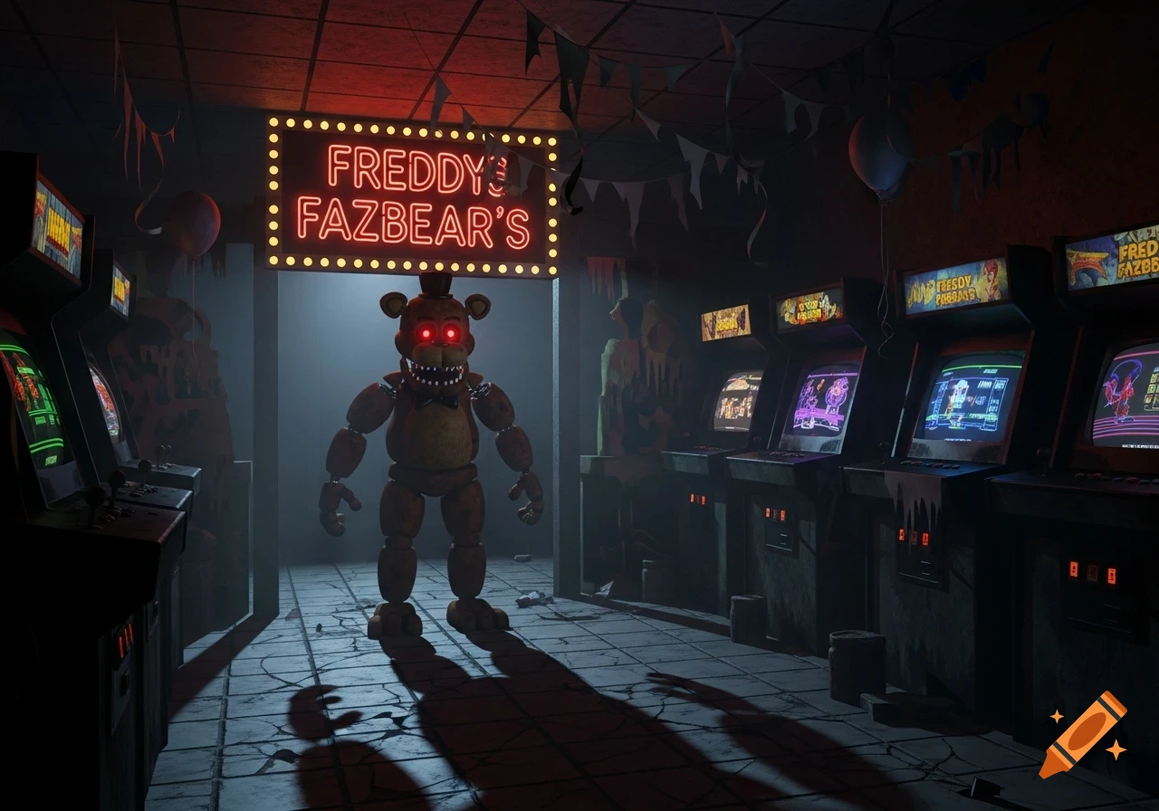 A brown animatronic bear with glowing red eyes stands in a dimly lit arcade, beneath a neon sign reading "Freddy's Fazbear's".