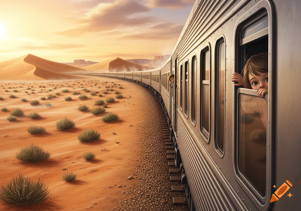 A child peers from a train window as the train curves through a vast desert landscape at sunset, with distant sand dunes.