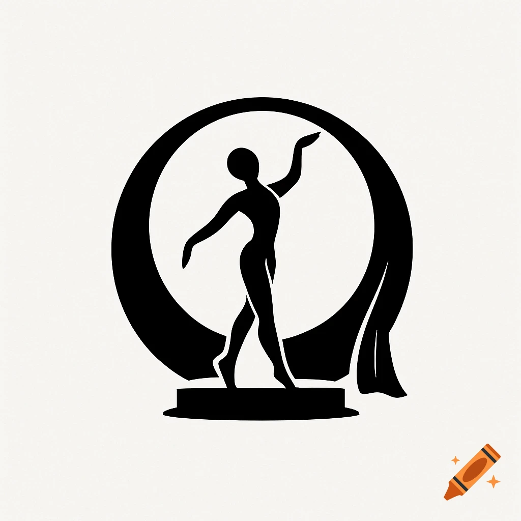 A minimalist black silhouette of a human figure in a dynamic pose, standing on a stage within a circular halo with a curtain edge, on a white background.