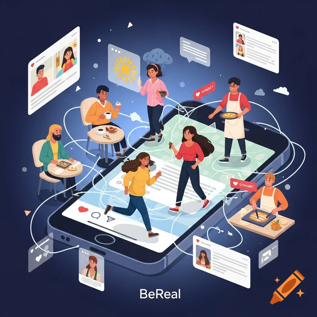 An isometric illustration of a large smartphone showing people interacting with a social media app. Characters are engaged in various activities like dining, cooking, running, and holding objects, with app elements like profile pictures, chat bubbles, and 'like' notifications floating around the phone.