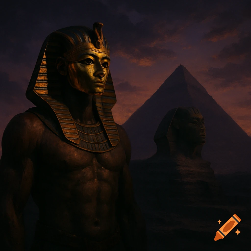 Photorealistic image of a golden-masked pharaoh statue in the foreground, with a sphinx and pyramid in the dark desert at sunset.