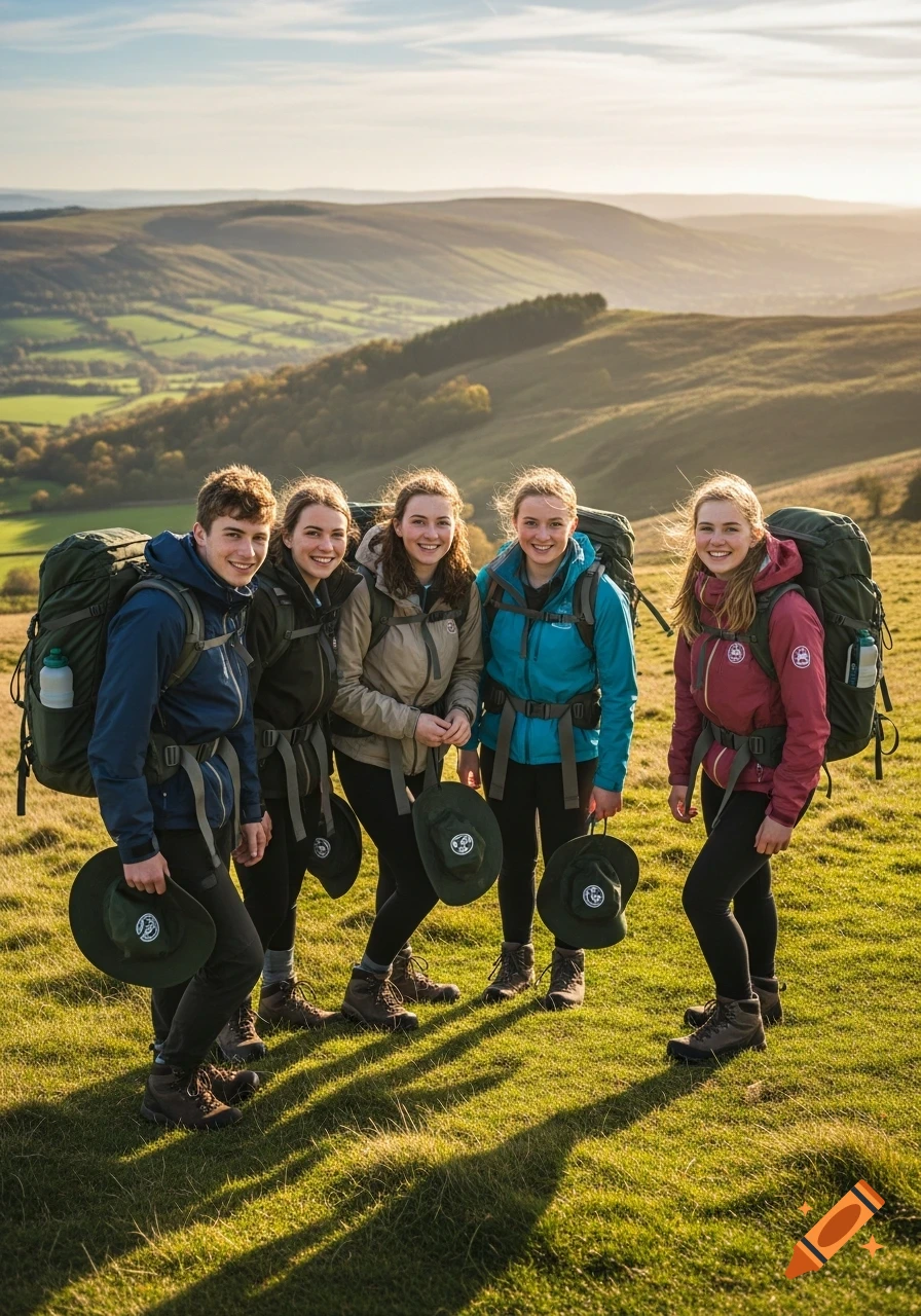 Five smiling young hikers with backpacks and hats stand on a grassy hill with rolling landscapes in the background under warm sunlight.