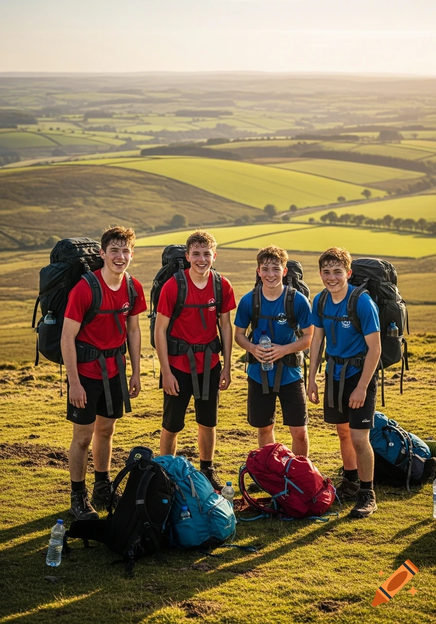 Four young men with large backpacks smile at the camera on a grassy hill overlooking rolling green fields at sunset.