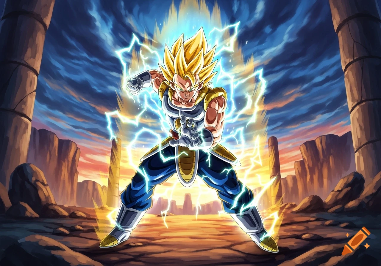 Anime warrior with blonde spiky hair and battle armor, surrounded by blue lightning, stands in a dynamic pose against a rocky, sunset landscape.