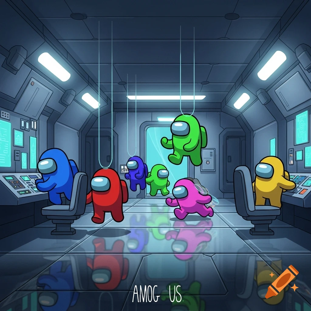 Cartoon Among Us characters in a spaceship, with reflections on the floor and the misspelled text "AMOG US".