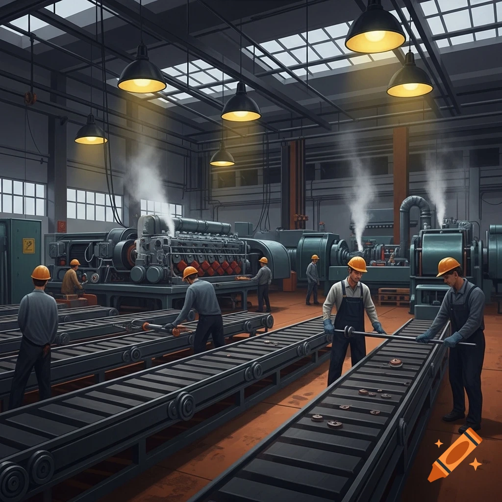 Workers in a large industrial factory, with complex machinery, conveyor belts, and bright overhead lights.