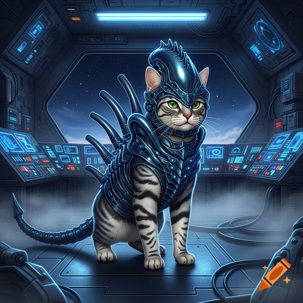 A tabby cat wearing a detailed, dark blue alien-like costume with a long segmented tail sits in the cockpit of a futuristic spaceship.