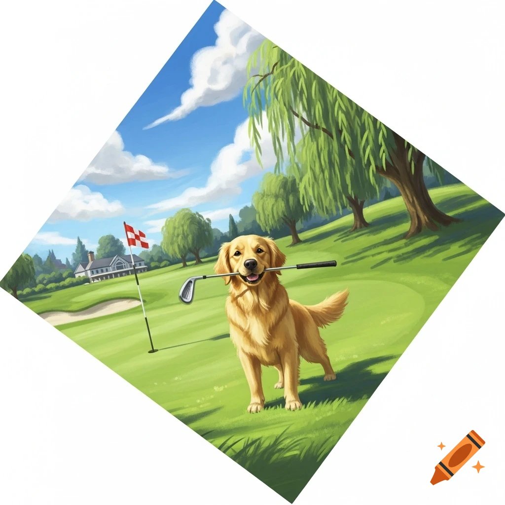 A golden retriever stands on a green golf course, holding a golf club in its mouth, with a flag and clubhouse in the background. Illustration style.