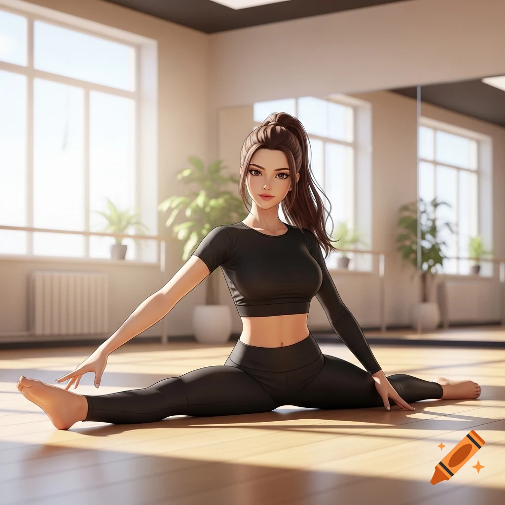 Anime woman with brunette ponytail in black yoga pants and crop top doing a front split in a studio with large windows.
