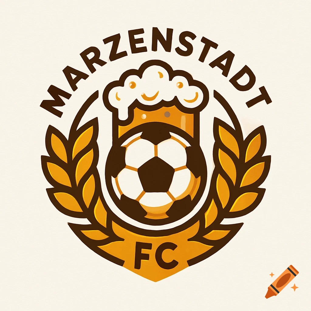 Logo for Marzenstadt FC, featuring a football, a beer mug with foam, and barley in amber and brown.