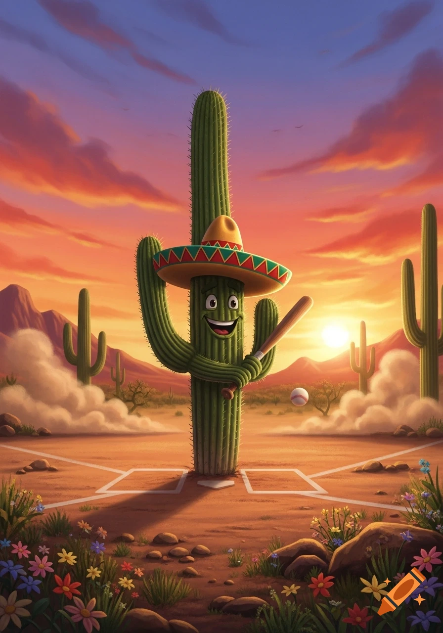 A smiling anthropomorphic saguaro cactus wearing a sombrero swings a baseball bat on a desert field at sunset.