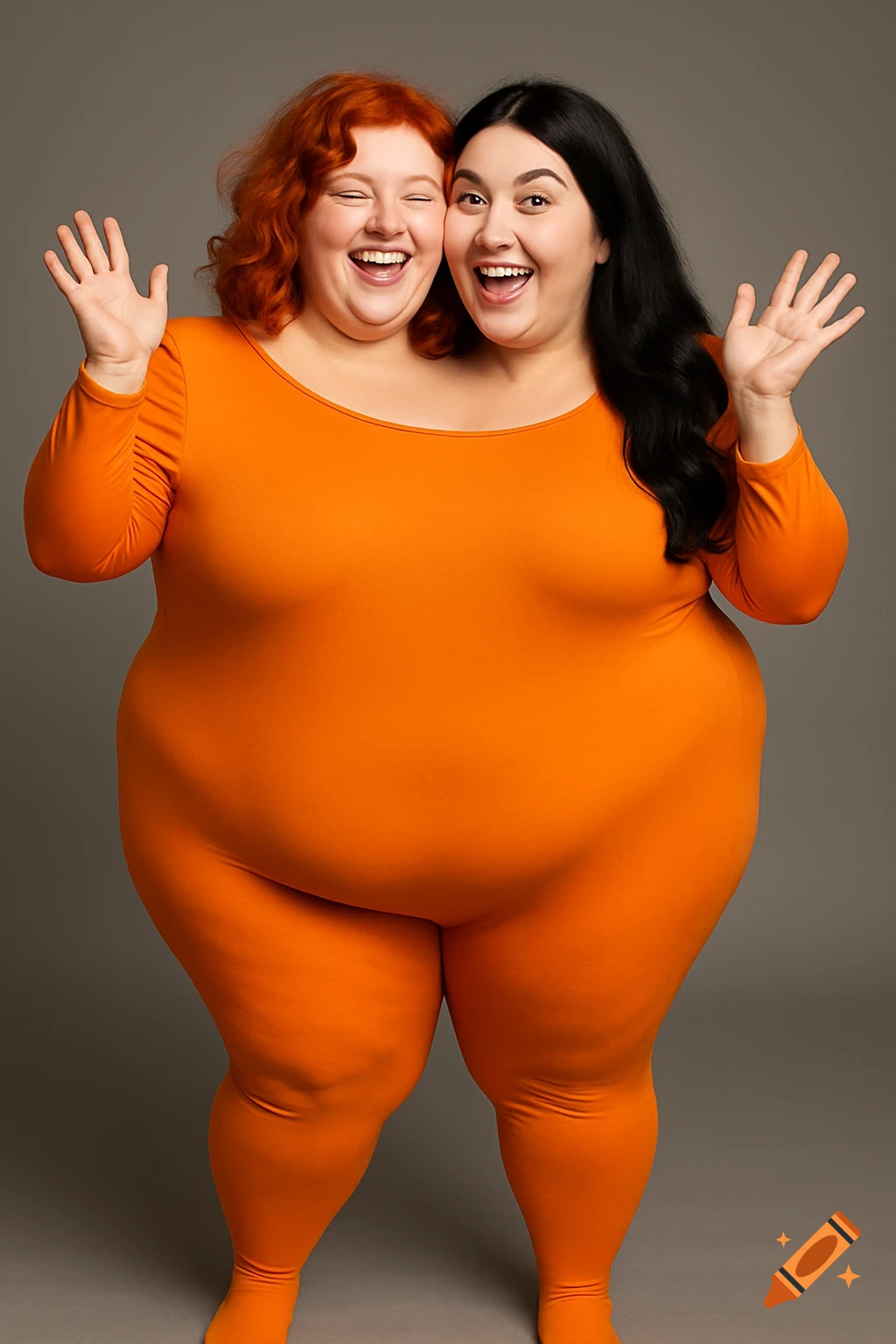 Two smiling women, one with red hair and one with black hair, share a single large body in a bright orange full-body leotard, creating a two-headed illusion.