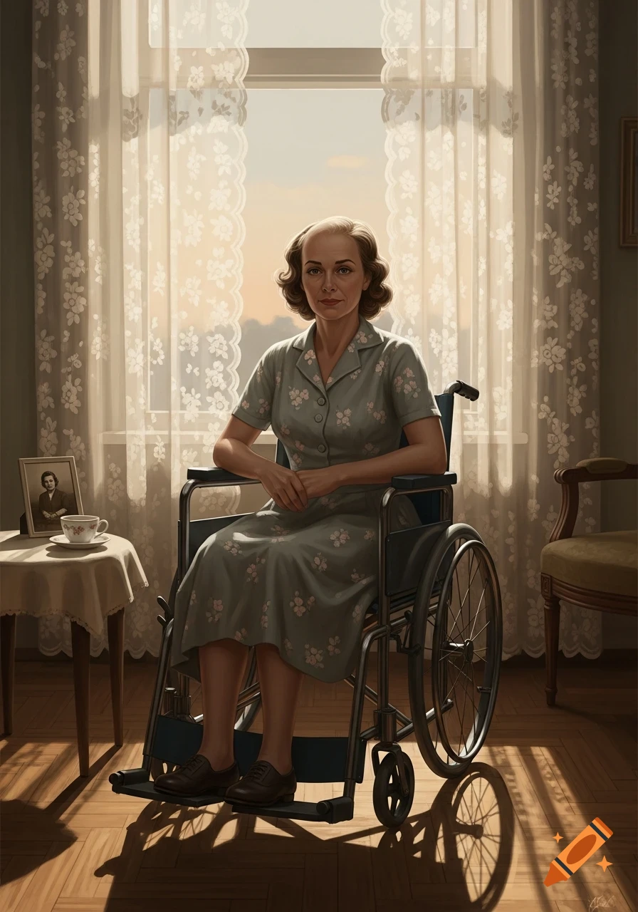 A woman with short curly hair and bald spots sits in a wheelchair by a sunlit window with lace curtains in a vintage room.