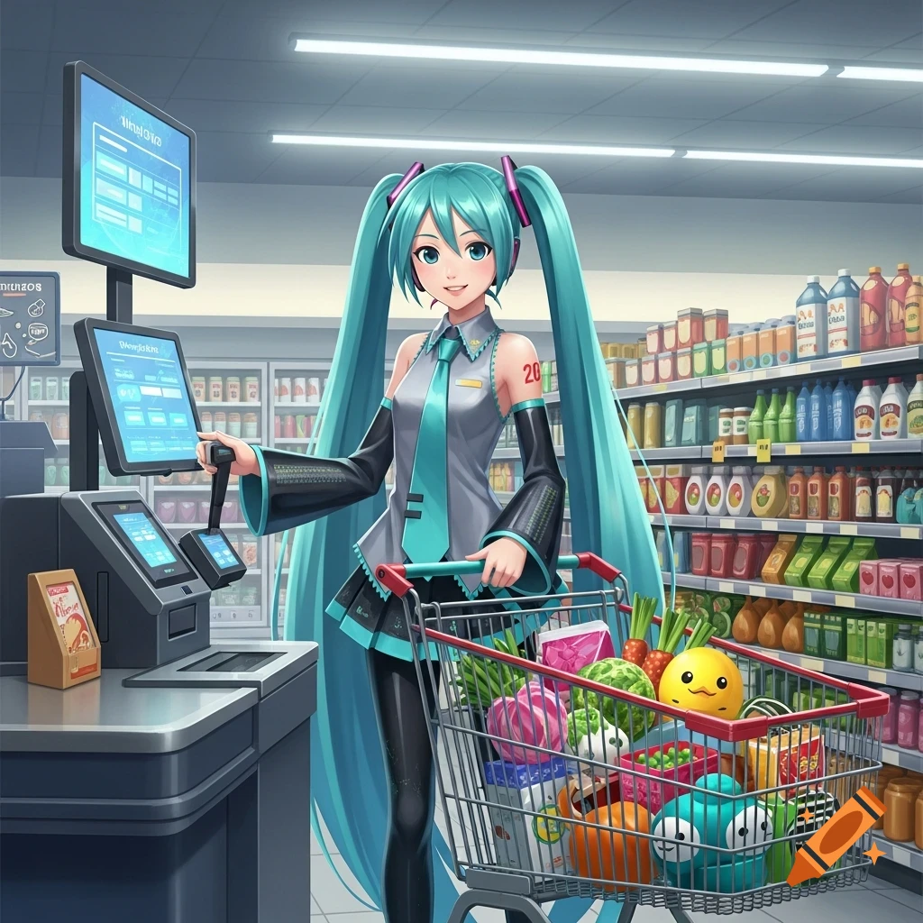 Hatsune Miku at a self-checkout in a grocery store, pushing a shopping cart full of colorful items, in an anime style.