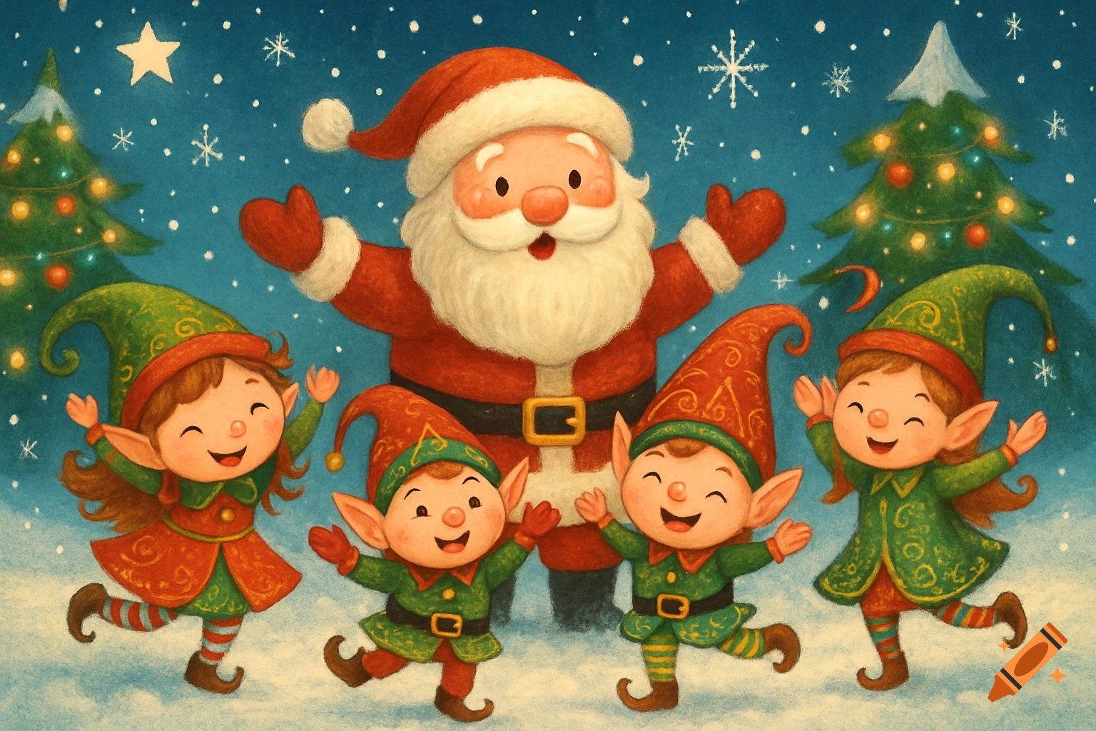 A charming illustration of Santa Claus with open arms, surrounded by four happy elves dancing in a snowy, festive scene with Christmas trees.