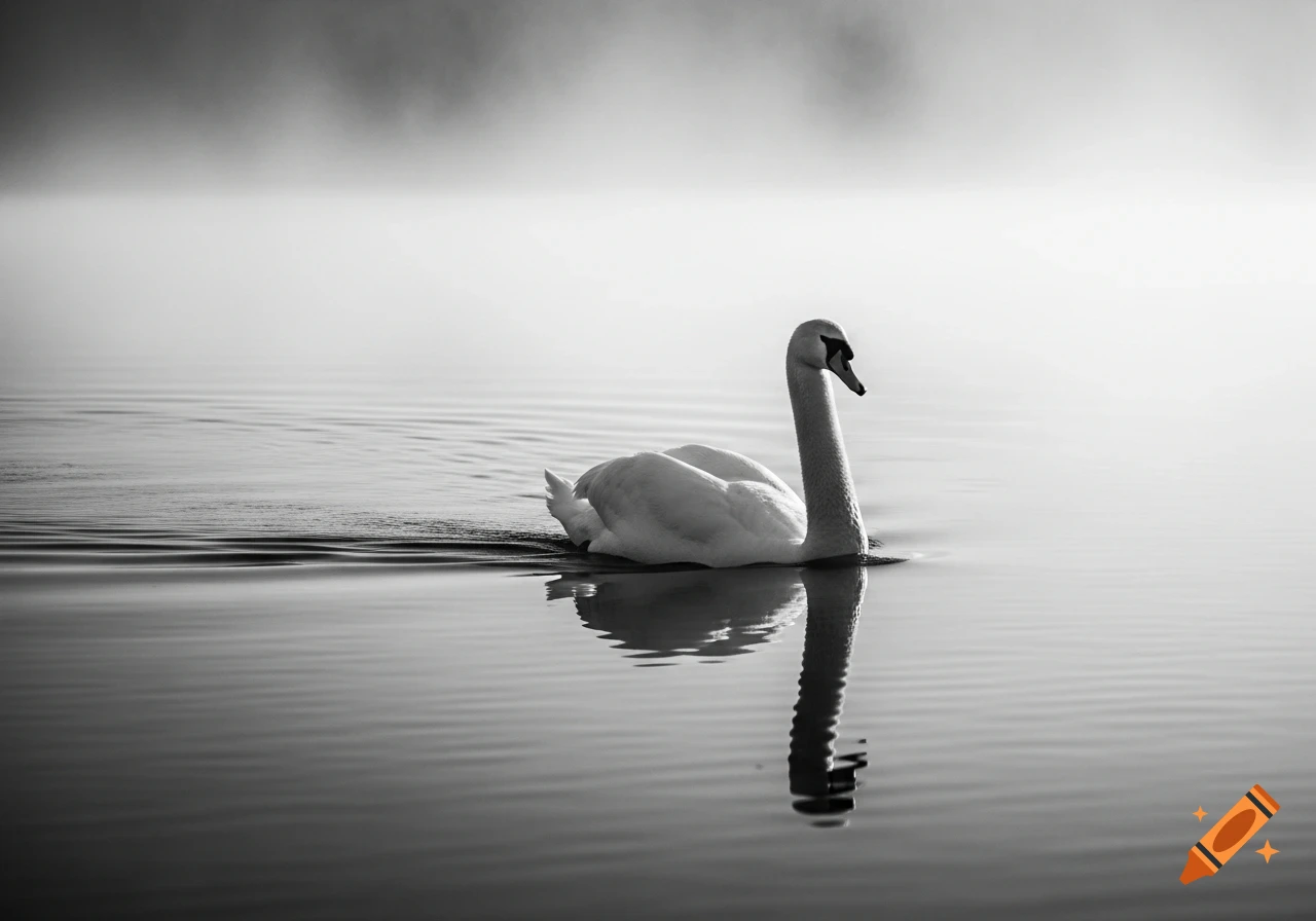 Black and white photograph of a majestic swan gliding across calm, misty water.