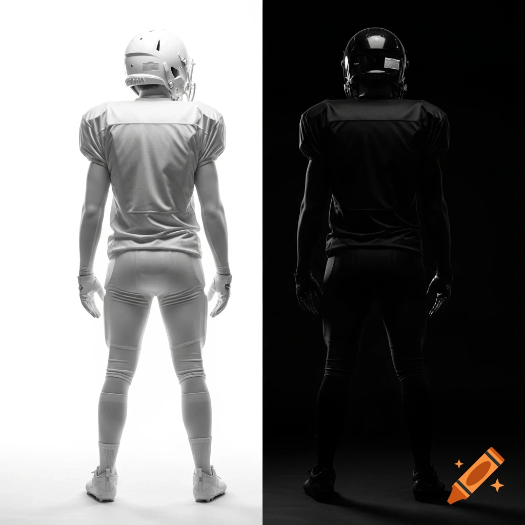 Rear view of two identical American football players. One wears a white uniform on a white background, the other a black uniform on a black background.