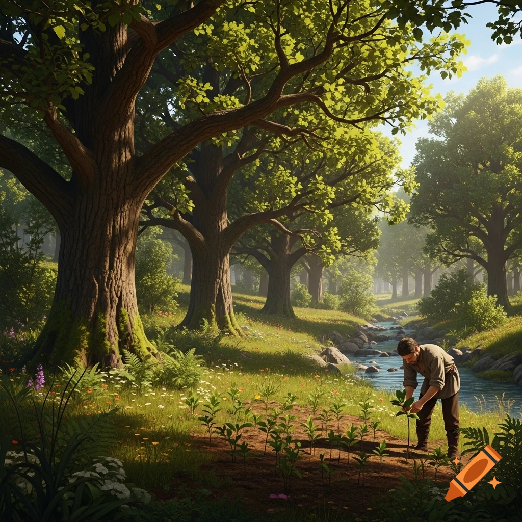 A man plants saplings in a sun-dappled, lush green forest next to a winding stream, photorealistic.