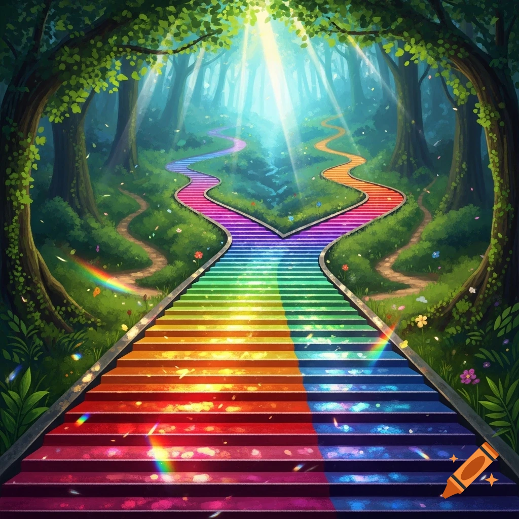 A vibrant fantasy forest with a grand rainbow staircase splitting into two winding paths, bathed in sunlight.