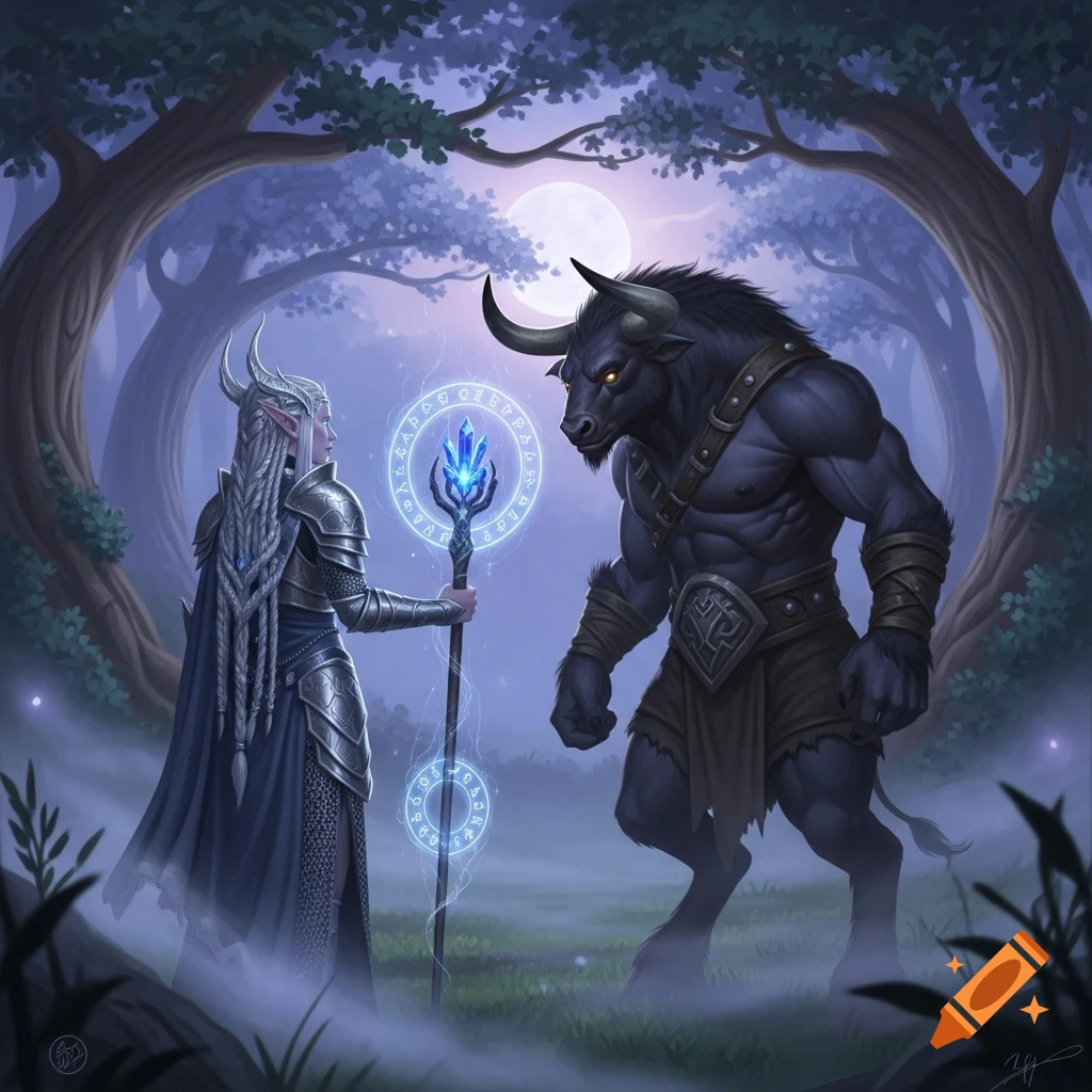An armored elf holding a glowing staff faces a large minotaur in a mystical forest under a full moon, digital fantasy art.