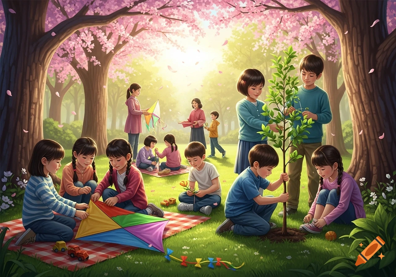 Children and adults planting a tree, flying a kite, and playing on a picnic blanket in a vibrant park with pink cherry blossom trees.