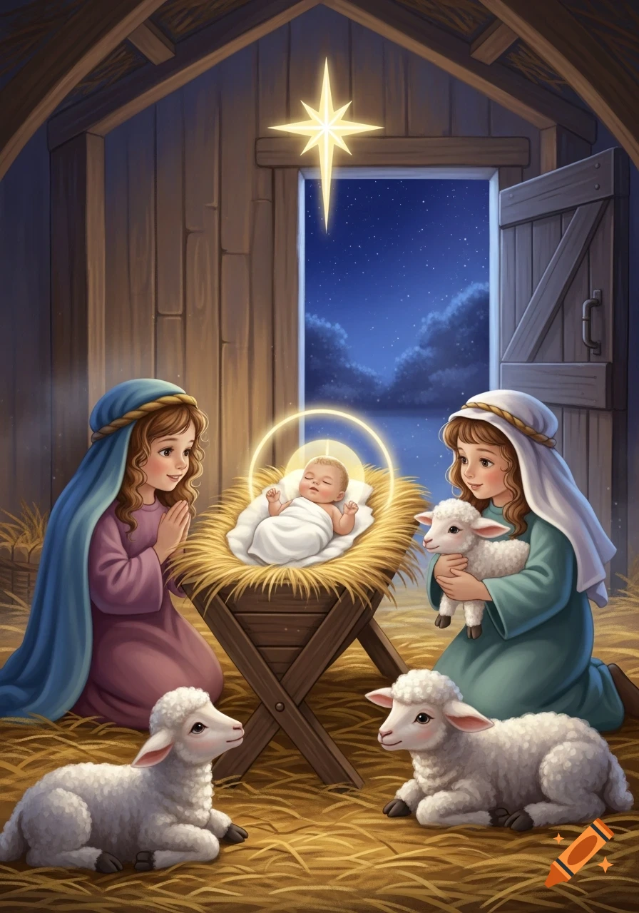 Cute cartoon nativity: baby Jesus in manger, two kneeling girls, one holding a lamb, with two lambs on straw in a stable under a star.