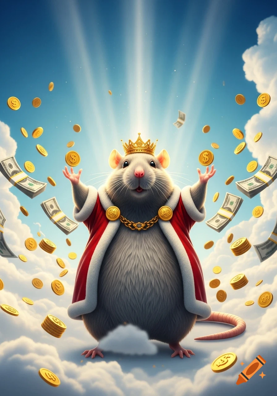 A regal rat king with a golden crown and red robe stands on clouds as gold coins and dollar bills fall around it under a bright sky.