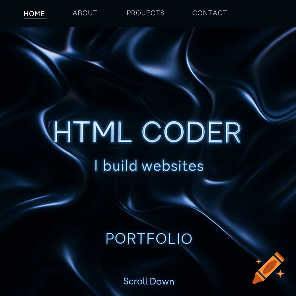 A dark, abstract web page design with glowing blue text that reads 'HTML CODER', 'I build websites', 'PORTFOLIO', and navigation links.
