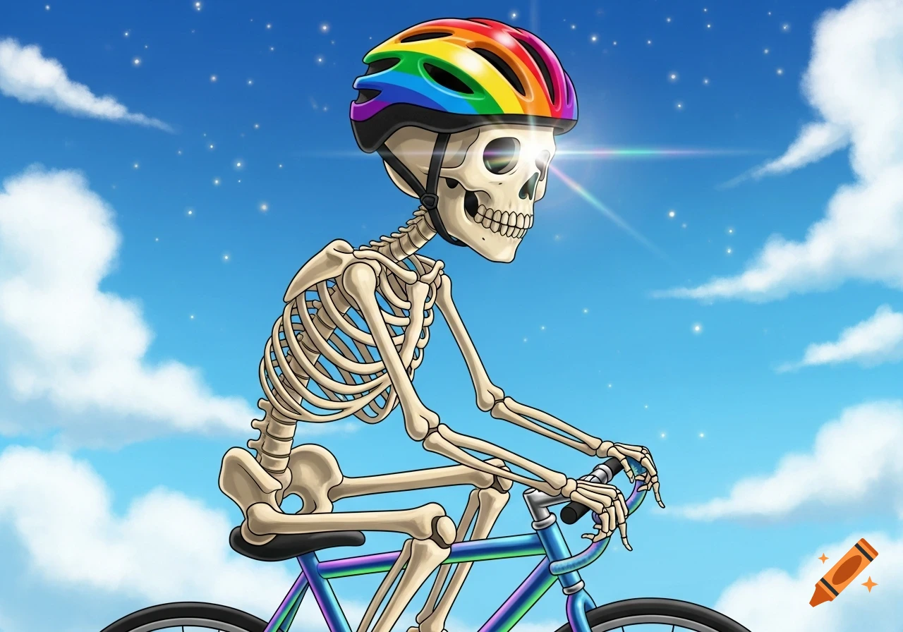 A cartoon skeleton wearing a rainbow helmet rides a bicycle with a rainbow frame under a blue sky with clouds and sparkling stars.