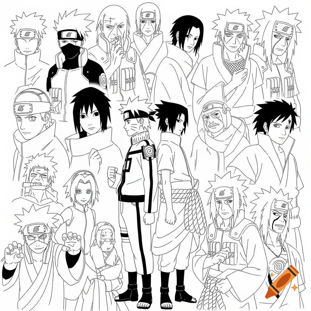 A black and white line art collage of Naruto Shippuden characters. Naruto and Sasuke stand back-to-back in the center, surrounded by Kakashi, Itachi, Madara, Sakura, Minato, and Jiraiya.