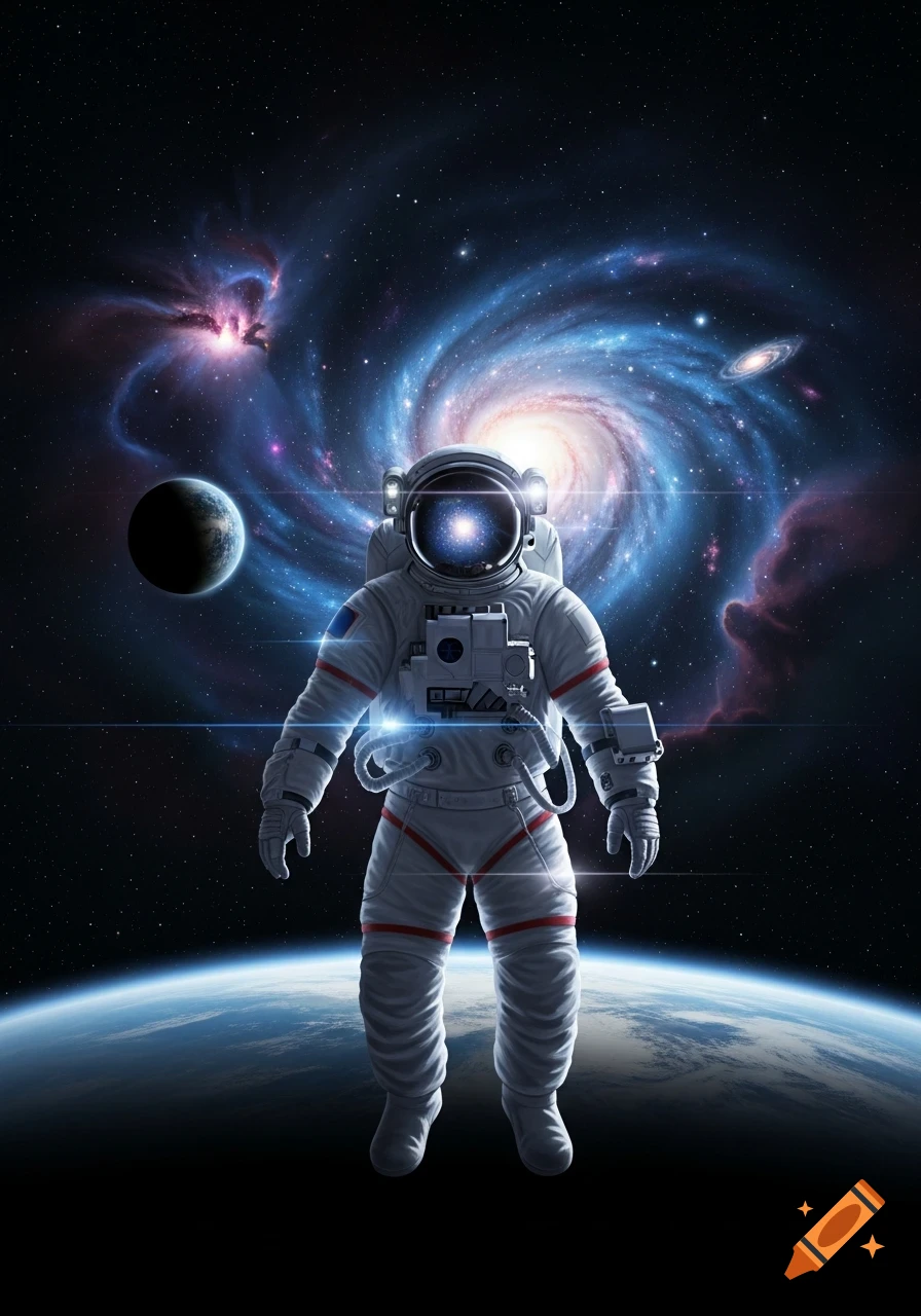 An astronaut floats in deep space above Earth, with a bright spiral galaxy and nebulae in the background.