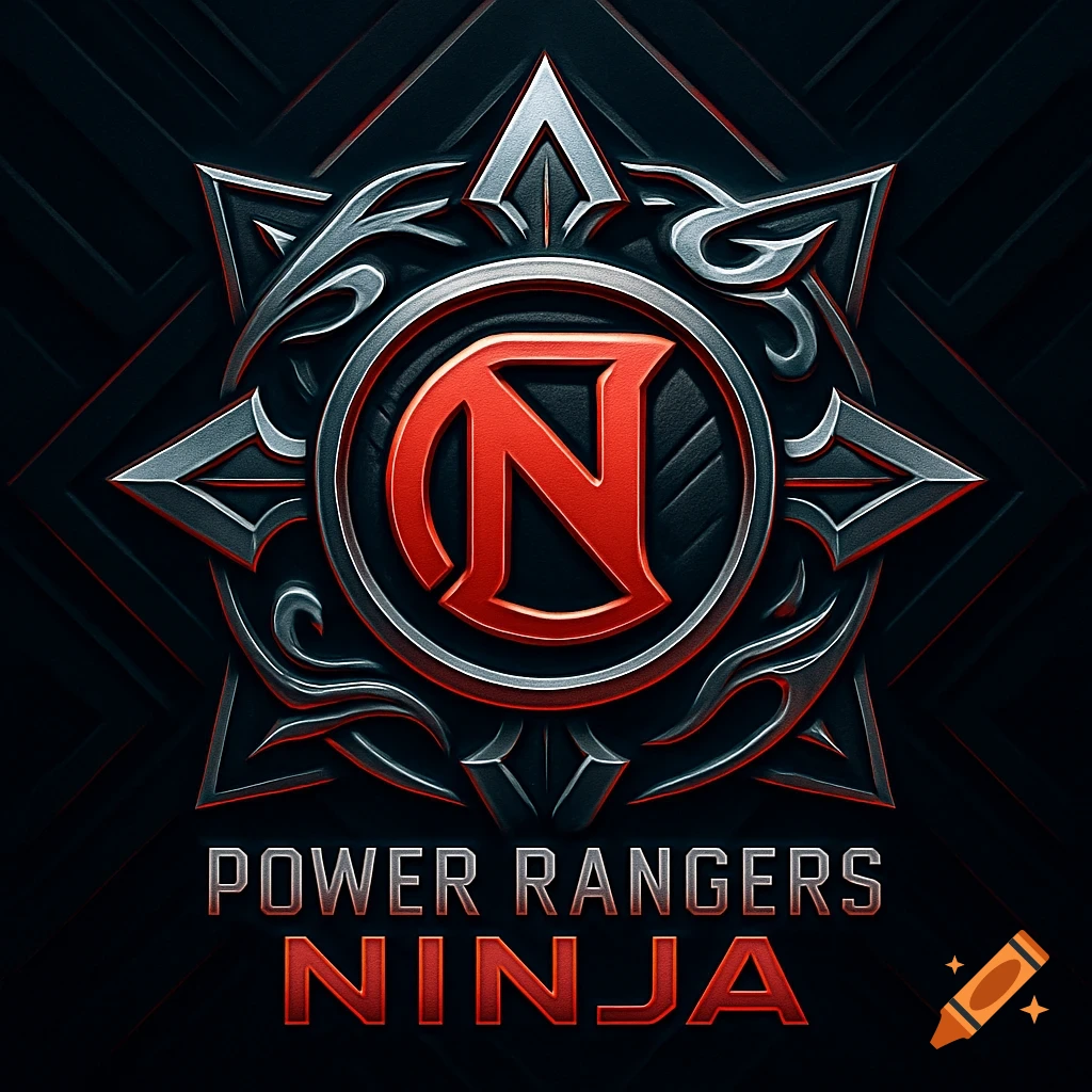 A metallic Power Rangers Ninja logo featuring a red N in the center of a stylized ninja star against a dark background.