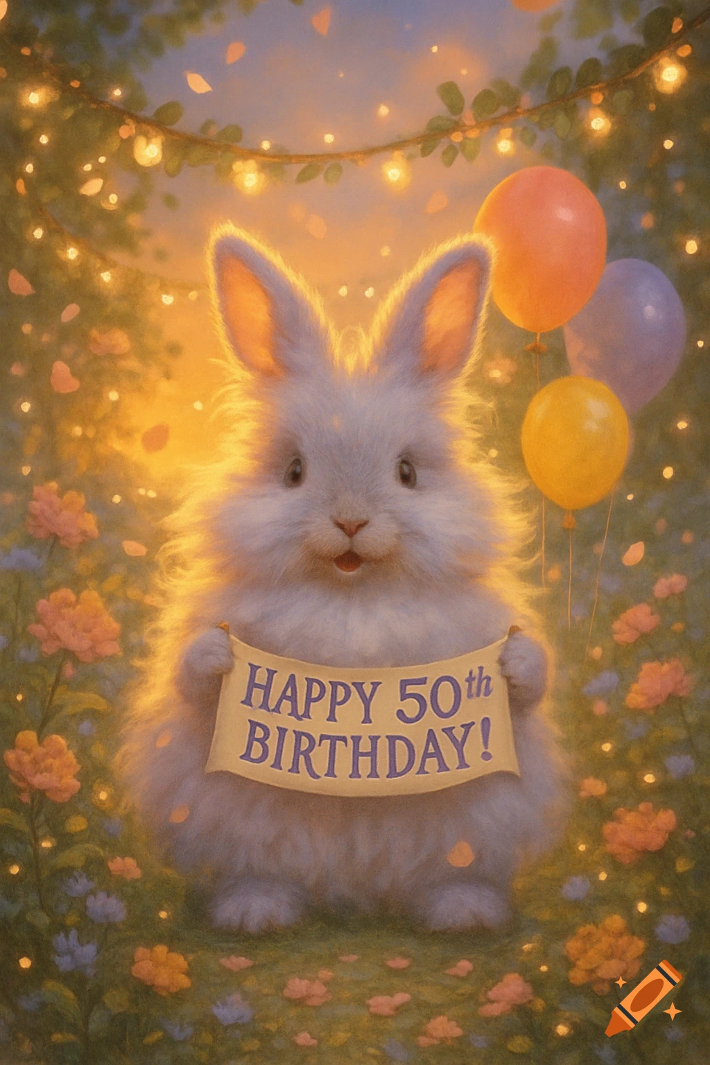 A fluffy white rabbit holds a "Happy 50th Birthday!" banner in a whimsical, glowing garden with balloons.