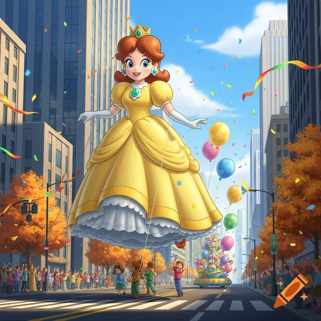 Giant cartoon Princess Daisy parade balloon floating above a city street with crowds, balloons, and confetti.