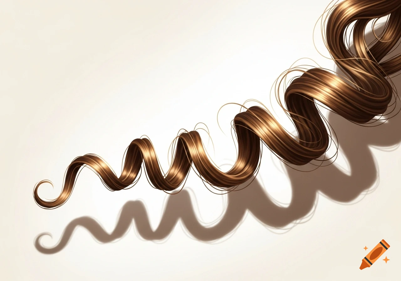 A glossy brown curly strand of hair gracefully swirls across a pale background with soft shadows.