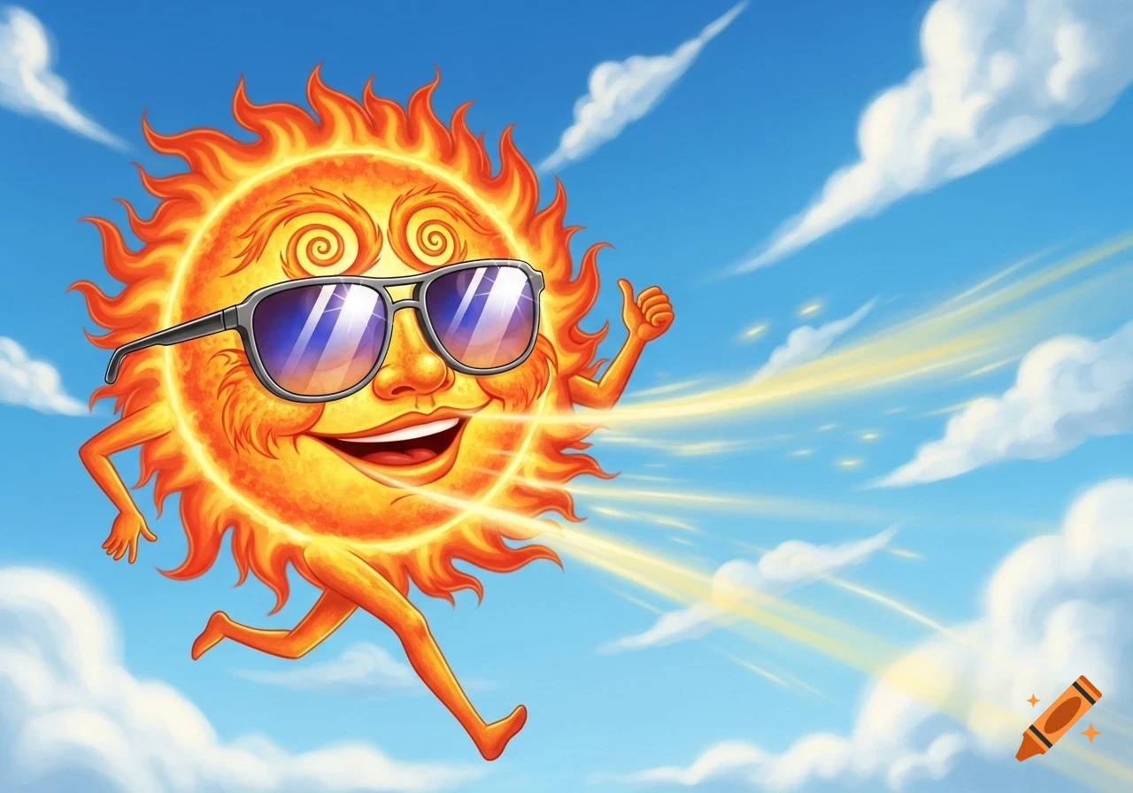 A cartoon sun with a smiling face and sunglasses runs across a bright blue sky with clouds, blowing golden rays of light.