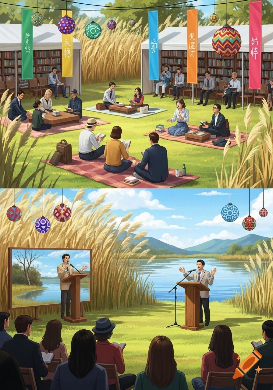 An outdoor reading festival illustration with people sitting on blankets and chairs in a grassy area with tall reeds. Some are reading, others listen to a speaker by a lake. Colorful lanterns and banners hang overhead.