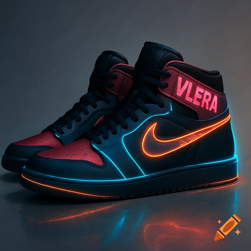 A pair of black and red sneakers with glowing neon blue and orange outlines and the word "VLERA" glowing red on the ankle.