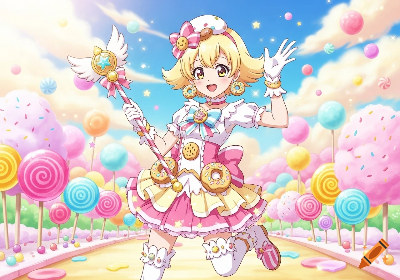 An anime girl with blonde hair in a pink and white cookie-themed dress holds a magical staff in a vibrant candy land.