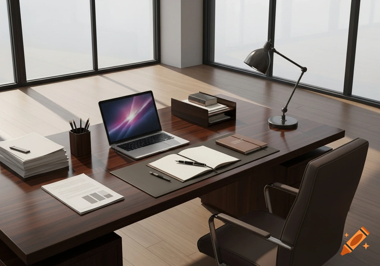 A modern office desk featuring a laptop, papers, pen, and desk lamp, with an office chair by a large window.