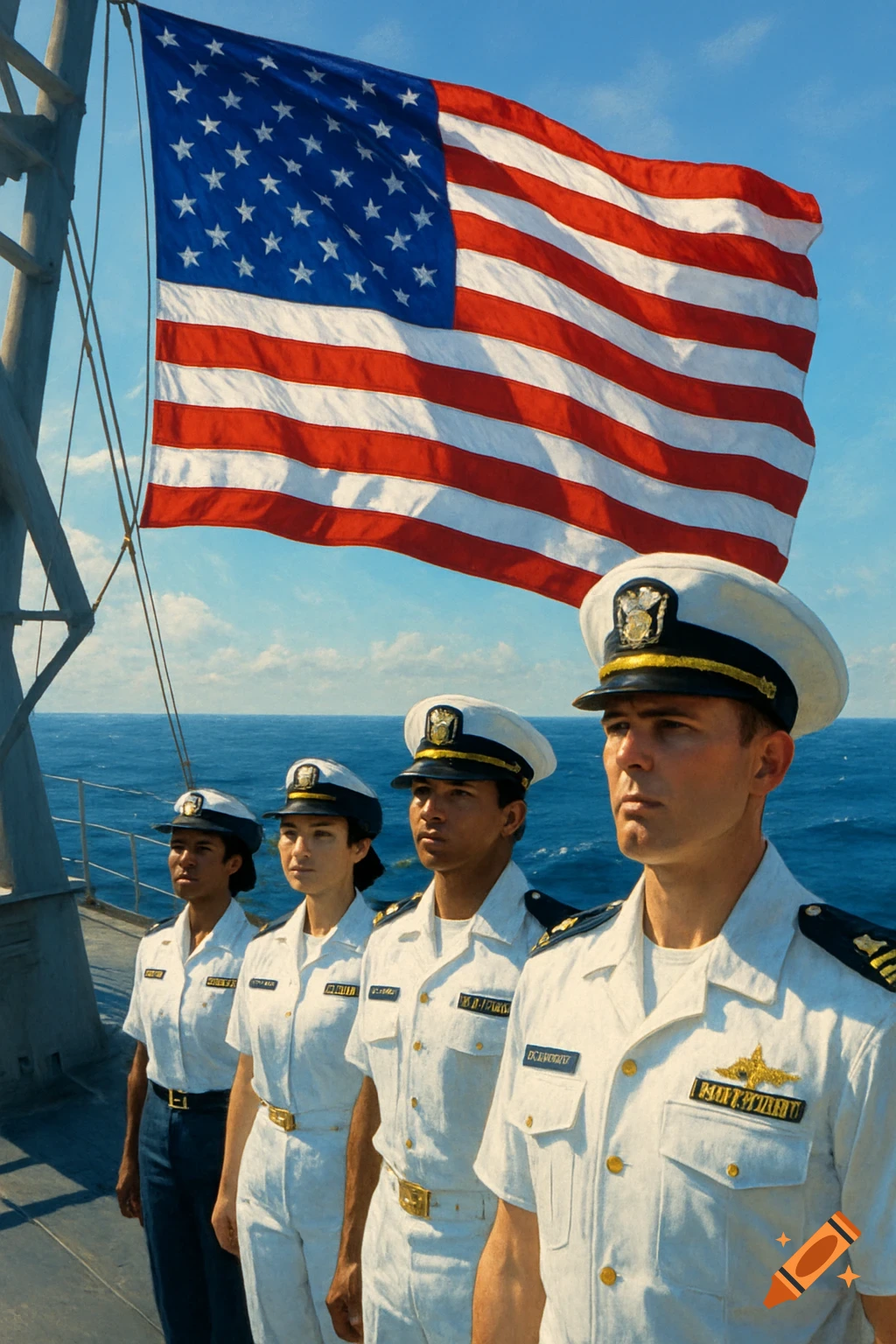 Four diverse naval officers in white uniforms stand on a ship, saluting an American flag waving above them against a clear sky and open ocean.