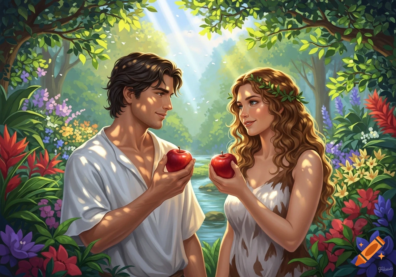 Illustrative Adam and Eve smiling, holding red apples in a vibrant, sunlit Garden of Eden.